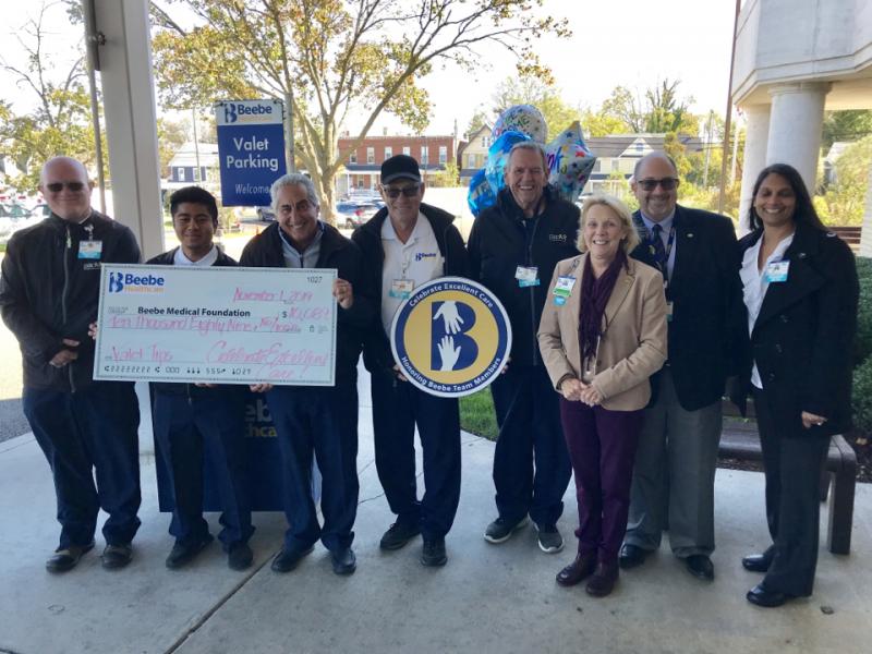 Celebrating their gift to the I Believe in Beebe campaign are Valet Services Team members (l-r) David Cluney, Elian Robledo, Joe Tileilli, Barclay Knorr and Doyle Hendricks. They are joined by Judy Aliquo, Rick Schaffner and Sue Theile. SUBMITTED PHOTO